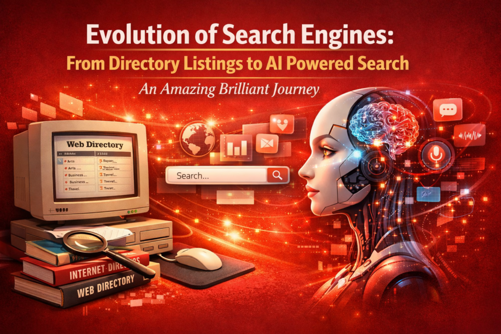 The image illustrates the evolution of search engines from early web directories to modern AI-powered systems. A vintage computer represents the beginning of search engines with simple directory listings. The central search bar highlights the transition to advanced keyword-based search technology. A futuristic AI robot symbolizes the latest stage in the evolution of search engines. Glowing digital elements and data icons show the growth of intelligent search algorithms. The red background adds a bold, dynamic feel to the journey of search engine innovation.