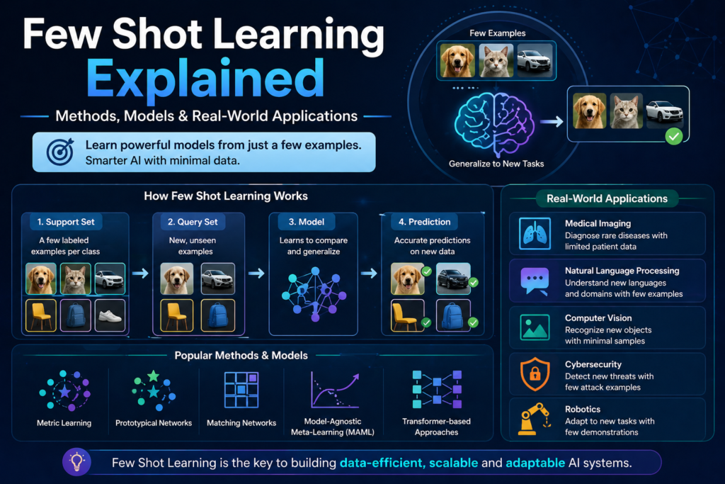 A modern infographic illustrating few shot learning and its role in building data-efficient AI systems. The visual explains how few shot learning works using minimal labeled examples to train models. A central diagram shows how models generalize from a few samples to new, unseen tasks. Sections highlight key methods and models used in few shot learning approaches. Real-world applications of few shot learning, including healthcare and NLP, are clearly presented. The overall design emphasizes the power and scalability of few shot learning in modern AI.