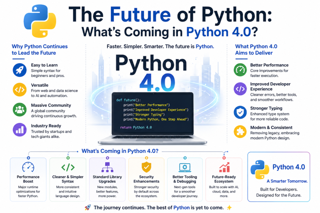 A clean and futuristic infographic illustrating the future of Python and upcoming innovations. The image highlights Python 4.0 with a modern layout, showcasing potential features and improvements. Visual elements like code snippets, icons, and charts represent performance, security, and developer experience. Sections explain how the future of Python will bring better speed, cleaner syntax, and advanced tooling. The white background enhances readability and keeps focus on the future-focused design. Overall, the image presents an engaging overview of the future of Python for developers and learners.