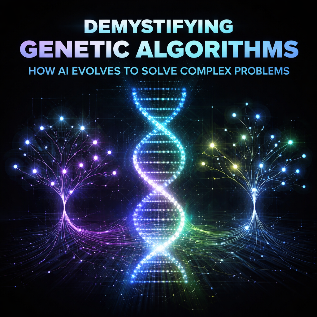 Genetic algorithms concept visual with glowing DNA strands evolving into AI neural networks on a dark background. Illustration representing genetic algorithms using selection, crossover, and mutation through branching nodes. Futuristic depiction of genetic algorithms solving complex problems with interconnected digital structures. Abstract AI evolution scene showing genetic algorithms transforming data into optimized solutions. High-tech visualization of genetic algorithms with neon particles forming intelligent systems. Cinematic black background image highlighting genetic algorithms and artificial intelligence evolution.