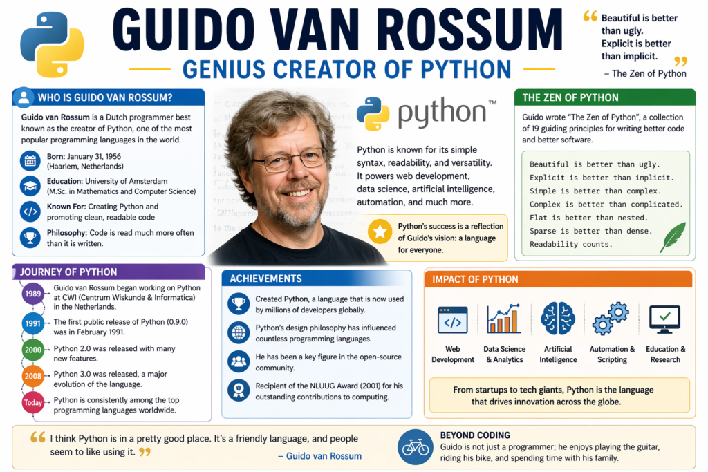 An informative infographic highlighting guido van rossum, the creator of Python, with a clear and modern layout. The image features a portrait of guido van rossum alongside key facts about his life, career, and achievements. Sections explain the origin and growth of Python, one of the world’s most popular programming languages. A timeline illustrates major milestones in guido van rossum’s journey and Python’s development. Key principles like the Zen of Python emphasize his philosophy of simple and readable code. The infographic also showcases the global impact of guido van rossum on programming and technology.