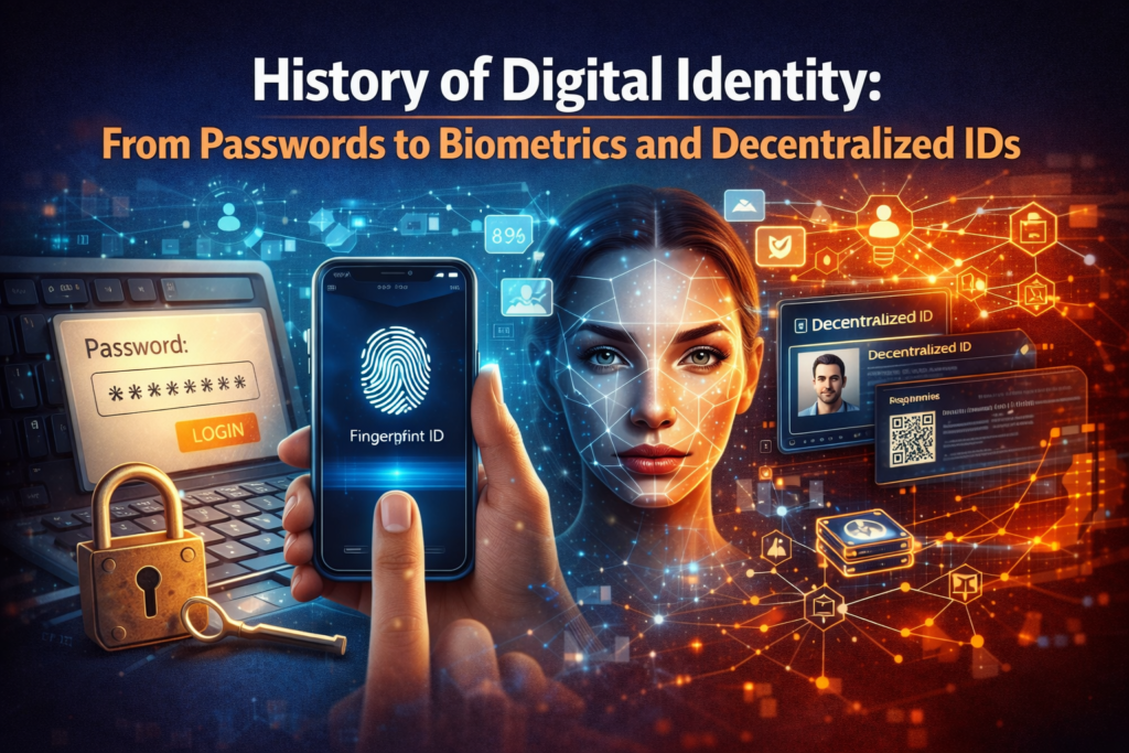 The image represents the history of digital identity from traditional password-based systems to advanced technologies. A login screen with a lock symbolizes the early stage of digital identity security. Biometric authentication like fingerprint and facial recognition highlights modern identity verification methods. A smartphone interface showcases the shift toward secure and convenient digital access. Decentralized ID cards and blockchain visuals represent the future of digital identity systems. The overall design reflects the evolution and innovation in digital identity management.