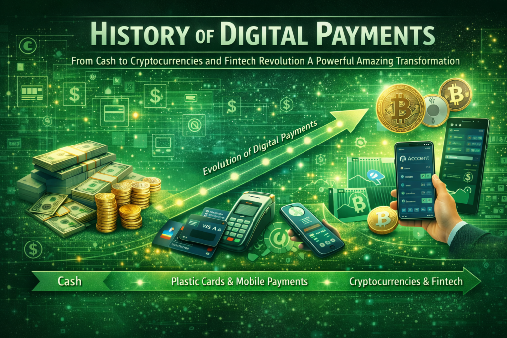 This image illustrates the history of digital payments, showing the transformation from physical cash to advanced digital transactions. It visually represents the history of digital payments through stages like cash, card payments, and mobile wallets. The graphic highlights key milestones in the history of digital payments, including fintech innovations and cryptocurrencies. A timeline-style layout emphasizes the rapid evolution in the history of digital payments toward faster and secure systems. The history of digital payments is depicted using elements like smartphones, credit cards, and digital currencies. Overall, the image captures the history of digital payments as a powerful shift toward a modern, cashless financial ecosystem.