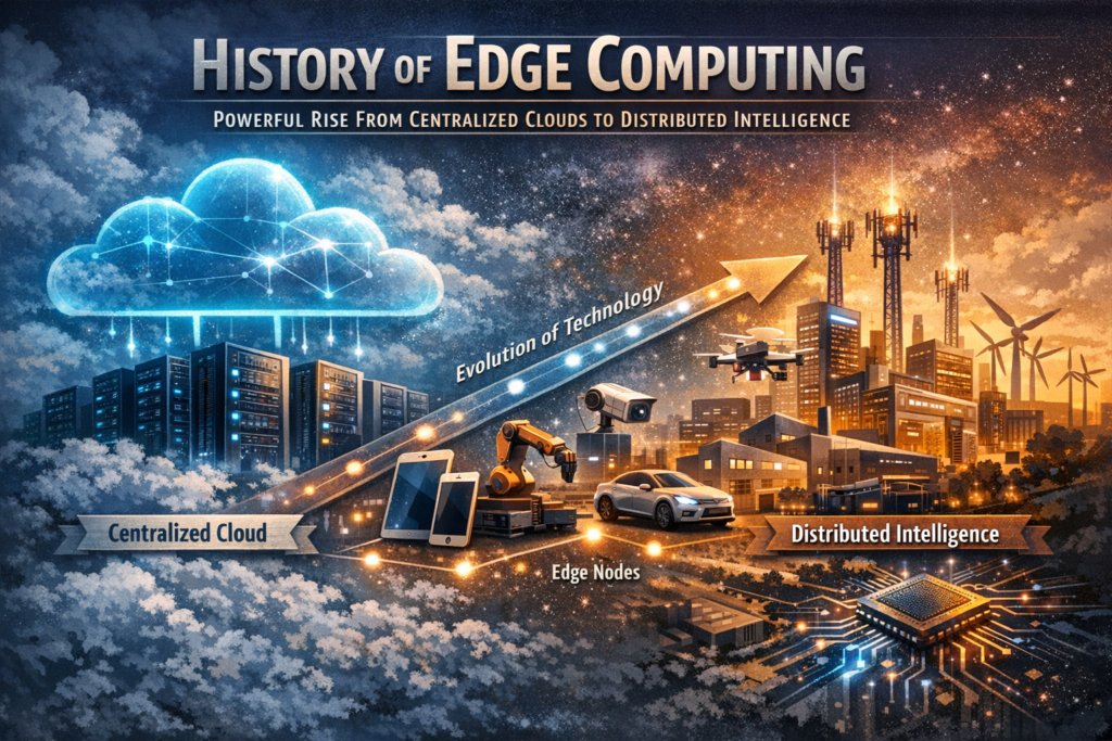 This image illustrates the history of edge computing, showing the evolution from centralized cloud systems to distributed intelligence. It visually represents how the history of edge computing shifts data processing closer to devices and users. The graphic highlights key elements in the history of edge computing, including IoT devices, smart cities, and edge nodes. A timeline-style design emphasizes the progression in the history of edge computing from data centers to real-time processing. The history of edge computing is depicted through connected technologies like drones, sensors, and mobile devices. Overall, the image captures the transformation in the history of edge computing toward faster, decentralized digital ecosystems.