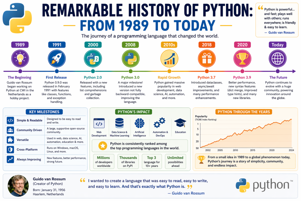 An engaging infographic illustrating the history of python through a clear timeline from 1989 to today. The image highlights key milestones in the history of python, including its first release and major version updates. Visual icons and timeline markers show the rapid growth and global adoption of Python over the years. Sections explain important features that contributed to the success of the history of python, such as simplicity and versatility. A graph demonstrates Python’s rising popularity and impact across industries like AI, web development, and data science. The infographic also emphasizes the lasting influence of the history of python on modern programming and technology.