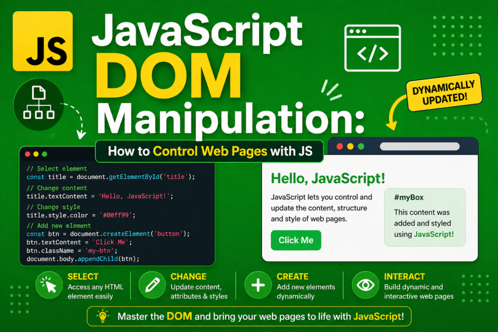 A vibrant green-themed graphic illustrating a JavaScript DOM manipulation guide with modern visuals. The design highlights key actions like selecting, changing, creating, and interacting with elements. Clean code snippets and UI mockups make the JavaScript DOM manipulation guide easy to follow. Bold typography and icons enhance understanding of dynamic web page control. Perfect for beginners learning how JavaScript DOM manipulation guide concepts work in real projects. The structured layout keeps focus on mastering JavaScript DOM manipulation guide effectively.