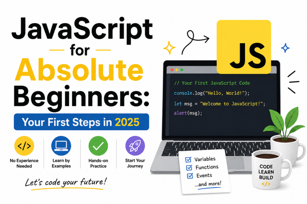 An educational graphic titled "JavaScript for Absolute Beginners: Your First Steps in 2025," designed as a comprehensive javascript beginner guide. The image features an open laptop displaying basic "Hello World" code on the screen, accompanied by a yellow JS logo. Below the laptop, a checklist highlights foundational topics like variables, functions, and events, while icons emphasize that no prior experience is needed. Two coffee mugs and a small plant sit next to the computer, creating a modern and inviting workspace aesthetic. This visual is perfect for those starting their coding journey, reinforcing the message "Let's code your future!" with clear, actionable steps.