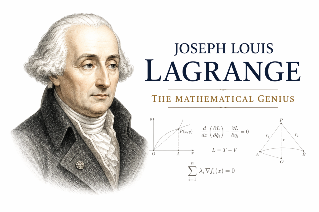 Joseph Louis Lagrange portrait illustration on a clean white background A detailed artistic image showcasing Joseph Louis Lagrange, the mathematical genius Classic engraved style highlighting Lagrange’s historical and scientific importance Mathematical formulas and diagrams subtly included beside Joseph Louis Lagrange Minimalist design perfect for educational and science-related content High-quality visual representing the legacy of Joseph Louis Lagrange