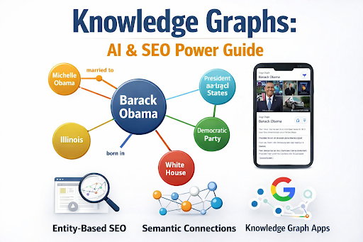 Knowledge graphs visual showing connected entities, semantic relationships, and AI SEO structure for entity-based search and Google knowledge graph systems