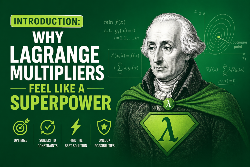 lLagrange multipliers concept illustrated on a bold green background with mathematical visuals Creative depiction of lagrange multipliers as a superpower in optimization problems Detailed graphic showing equations and constraints related to lagrange multipliers Educational design explaining how lagrange multipliers help find optimal solutions Modern visual combining math symbols and a superhero theme for lagrange multipliers High-quality image representing the power and usefulness of lagrange multipliers