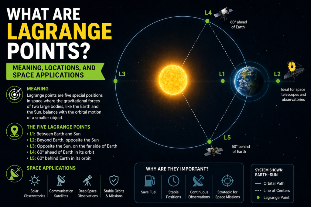 Lagrange points infographic showing positions between the Earth and Sun in space Detailed visual explaining lagrange points and their gravitational balance locations Educational diagram highlighting all five lagrange points (L1 to L5) clearly Space-themed illustration demonstrating how lagrange points support satellites and missions Clean and modern design explaining lagrange points meaning and applications High-quality image representing lagrange points used in astronomy and space science