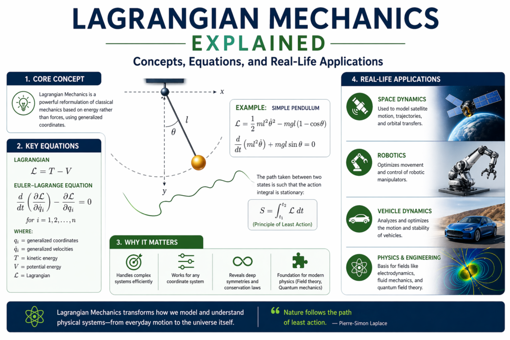 Lagrangian mechanics infographic explaining core concepts, equations, and applications Educational visual showing lagrangian mechanics with formulas like L = T − V Clear diagram illustrating lagrangian mechanics using pendulum motion example Modern design presenting lagrangian mechanics in physics and engineering fields Detailed graphic highlighting real-life uses of lagrangian mechanics in robotics and space High-quality image representing lagrangian mechanics and the principle of least action