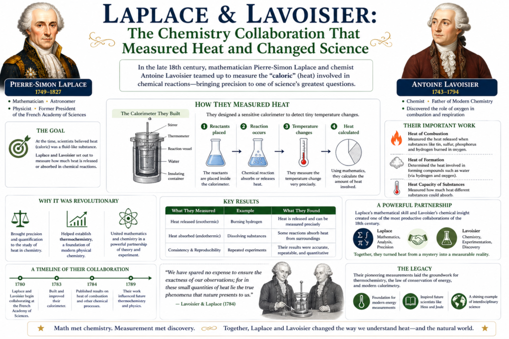 A detailed educational infographic highlighting the Laplace and Lavoisier collaboration in 18th-century science. The image features portraits of Pierre-Simon Laplace and Antoine Lavoisier with labeled contributions. Sections explain how the Laplace and Lavoisier collaboration measured heat using early calorimetry methods. Diagrams show experimental setups, chemical reactions, and heat measurement processes. The clean layout makes complex scientific ideas easy to understand for learners. Overall, the image presents the Laplace and Lavoisier collaboration as a key milestone in modern chemistry and physics.