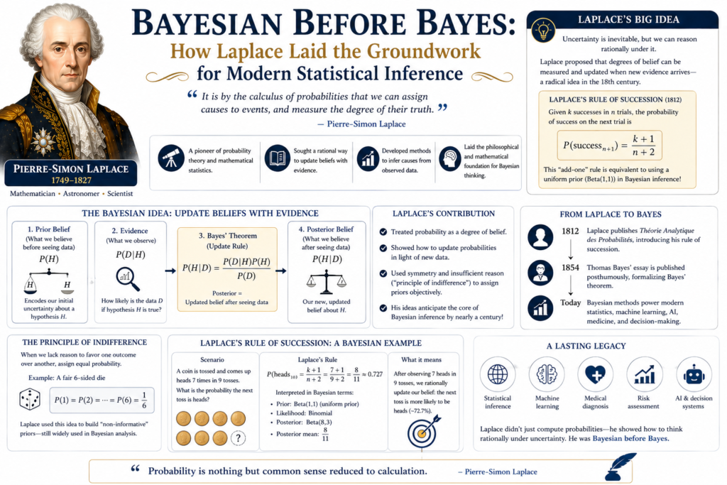 A detailed educational infographic explaining Laplace Bayesian foundations and their role in modern statistics. The image features Pierre-Simon Laplace alongside diagrams of probability and belief updating. Sections illustrate how Laplace Bayesian foundations influenced concepts like prior, likelihood, and posterior probability. Visual examples show how evidence updates beliefs in a structured and logical way. The clean layout and academic design make complex ideas easy to understand. Overall, the image presents Laplace Bayesian foundations as a key step toward modern statistical inference.