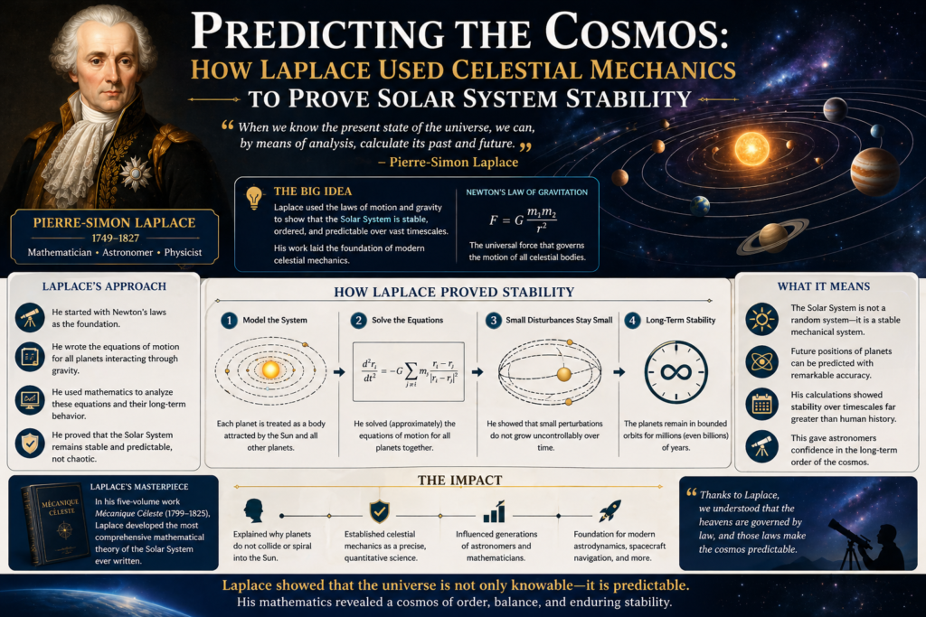 A detailed space-themed infographic explaining Laplace celestial mechanics and its impact on astronomy. The image features Pierre-Simon Laplace alongside diagrams of planetary motion and gravitational equations. Visual sections illustrate how Laplace celestial mechanics helped prove the stability of the Solar System. Charts and orbital paths show how planets move predictably under gravitational forces. The dark cosmic background enhances the scientific and astronomical theme of the design. Overall, the image clearly presents Laplace celestial mechanics in an engaging and educational way.