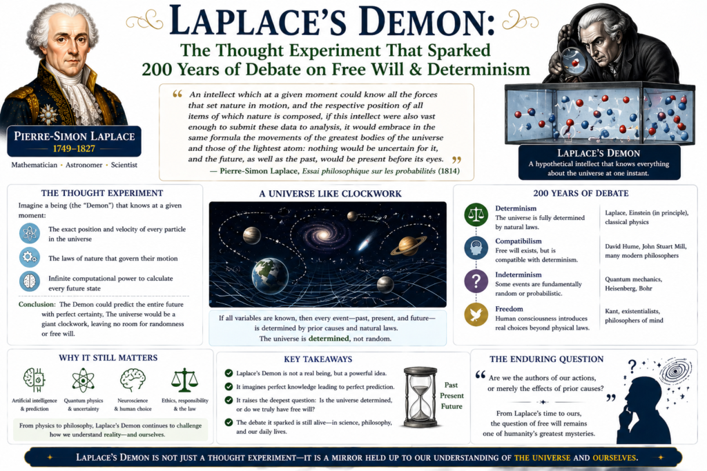 A detailed educational infographic explaining Laplace demon and its philosophical significance. The image features Pierre-Simon Laplace alongside visuals representing a clockwork universe and prediction. Sections describe how Laplace demon imagines a being that knows all forces and positions in the universe. Diagrams illustrate determinism, free will, and the debate sparked by the Laplace demon concept. The layout combines science and philosophy with clear icons and structured explanations. Overall, the image presents Laplace demon as a powerful idea shaping discussions on determinism and free will.