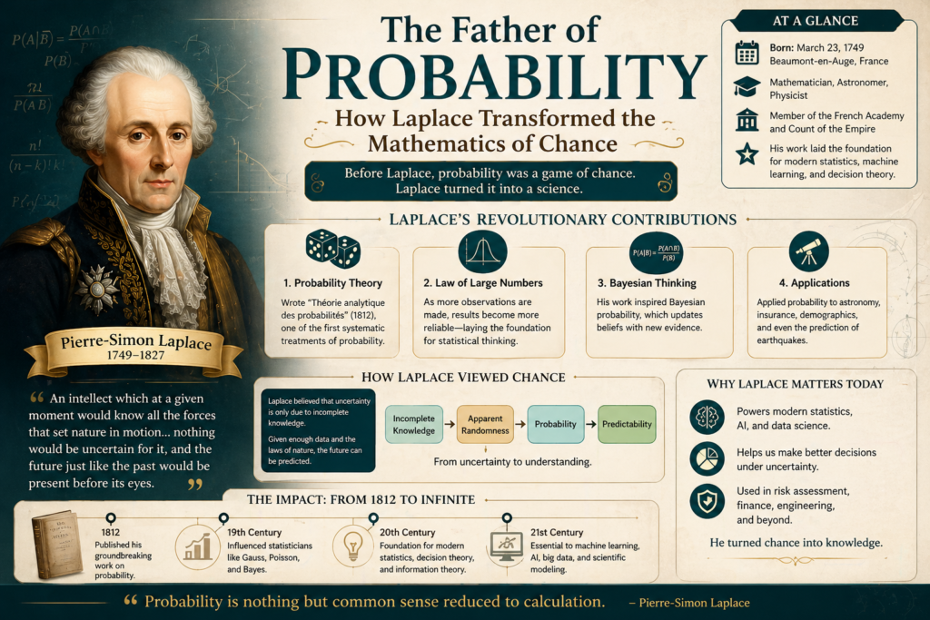 A detailed educational infographic about Laplace probability theory and its historical significance. The image features a portrait of Pierre-Simon Laplace alongside mathematical formulas and probability concepts. Sections highlight key contributions like the law of large numbers and Bayesian thinking in Laplace probability theory. Visual diagrams explain how Laplace transformed probability into a scientific discipline. The vintage-style background enhances the classic and academic feel of the design. Overall, the image presents Laplace probability theory in a clear and engaging way for learners.