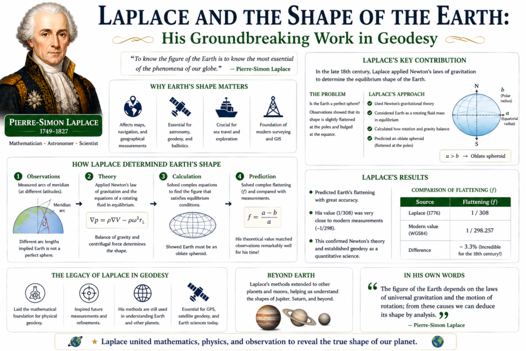A clean and informative infographic explaining Laplace shape of the Earth and his contributions to geodesy. The image features Pierre-Simon Laplace alongside diagrams showing the Earth’s slightly flattened shape. Sections illustrate how Laplace shape of the Earth was determined using gravity, rotation, and mathematical calculations. Visual steps explain observations, theory, and predictions that led to understanding the Earth as an oblate spheroid. The white background enhances clarity and keeps focus on scientific concepts and visuals. Overall, the image presents Laplace shape of the Earth in a clear, educational, and engaging format.