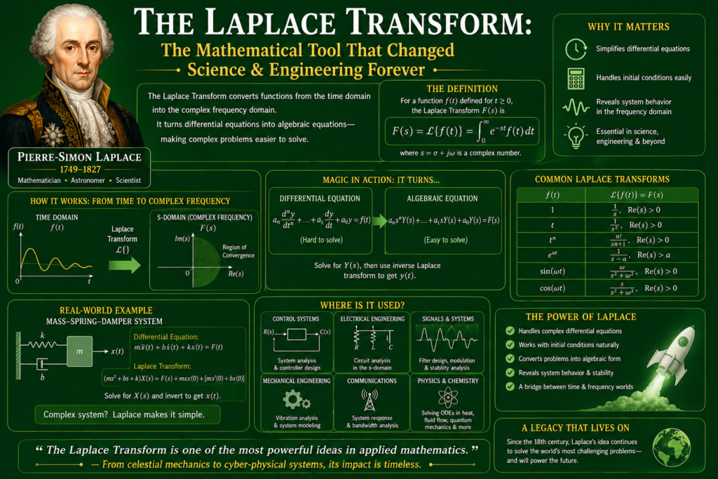A detailed educational infographic explaining the Laplace transform and its importance in science and engineering. The image features a green background with formulas and diagrams illustrating how the Laplace transform works. Sections show how the Laplace transform converts differential equations into simpler algebraic forms. Visual examples highlight real-world applications in control systems, electrical engineering, and physics. A portrait of Pierre-Simon Laplace adds historical context to the concept. Overall, the design presents the Laplace transform in a clear, engaging, and easy-to-understand way.