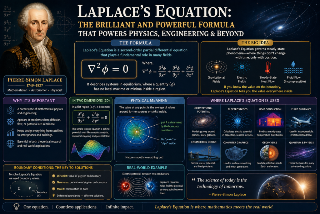 A detailed educational infographic explaining Laplace’s equation and its importance in science and engineering. The image features the mathematical formula alongside visual diagrams and real-world applications. Sections highlight how Laplace’s equation is used in physics, electrostatics, and fluid dynamics. A portrait of Pierre-Simon Laplace adds historical context to the concept. The dark scientific background enhances the focus on equations and technical visuals. Overall, the design presents Laplace’s equation in a clear, engaging, and informative way.