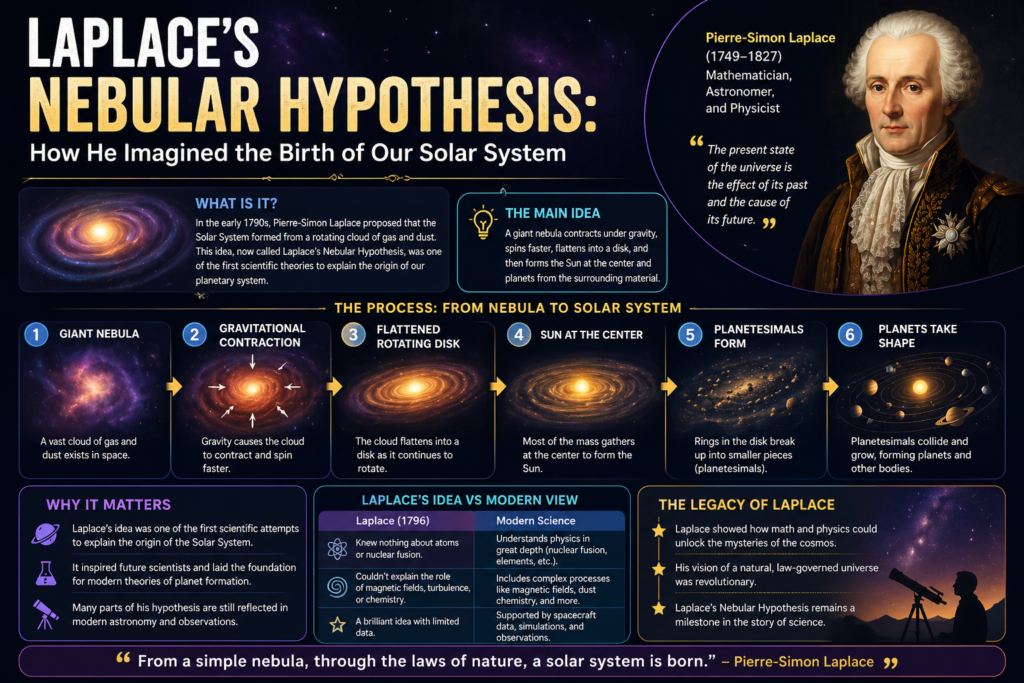 A detailed astronomy infographic explaining Laplace's nebular hypothesis with a cosmic space background. The image illustrates how a rotating cloud of gas and dust formed the Solar System. Step-by-step visuals show stages like nebula formation, disk rotation, and planet creation. A portrait of Pierre-Simon Laplace adds historical context to Laplace's nebular hypothesis. Charts and diagrams help simplify the scientific explanation for better understanding. Overall, the design presents Laplace's nebular hypothesis in a clear and visually engaging way.