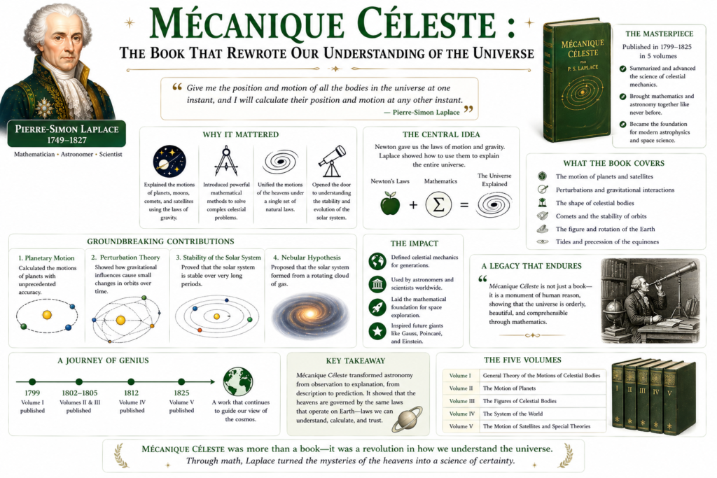 A detailed educational infographic about Mécanique Céleste Laplace, his groundbreaking work in astronomy. The image features a portrait of Pierre-Simon Laplace alongside visuals of his famous book Mécanique Céleste. Sections highlight key ideas like planetary motion, gravitational interactions, and solar system stability. Diagrams and icons explain how Mécanique Céleste Laplace transformed astronomy using mathematics. The clean layout and structured design make complex concepts easy to understand. Overall, the image presents Mécanique Céleste Laplace as a milestone in our understanding of the universe.