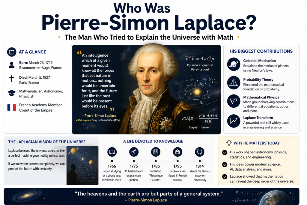 A detailed and educational infographic about Pierre Simon Laplace, the renowned mathematician and astronomer. The image features a classic portrait of Pierre Simon Laplace surrounded by mathematical formulas and space elements. Sections highlight his major contributions to probability theory, celestial mechanics, and physics. Visual timelines and icons present key moments from Pierre Simon Laplace’s life and achievements. The design uses a clean layout with a white background to emphasize clarity and learning. Overall, the image offers an engaging overview of Pierre Simon Laplace and his impact on science.