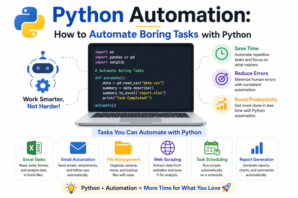 A clean and modern infographic illustrating Python automation and its practical uses. The image features a laptop with code and highlights how Python automation simplifies repetitive tasks. Icons represent tasks like email automation, file management, web scraping, and report generation. Key benefits of Python automation such as saving time, reducing errors, and boosting productivity are clearly shown. The white background keeps the design minimal and focused on automation concepts. Overall, the image presents an easy-to-understand overview of Python automation for beginners.