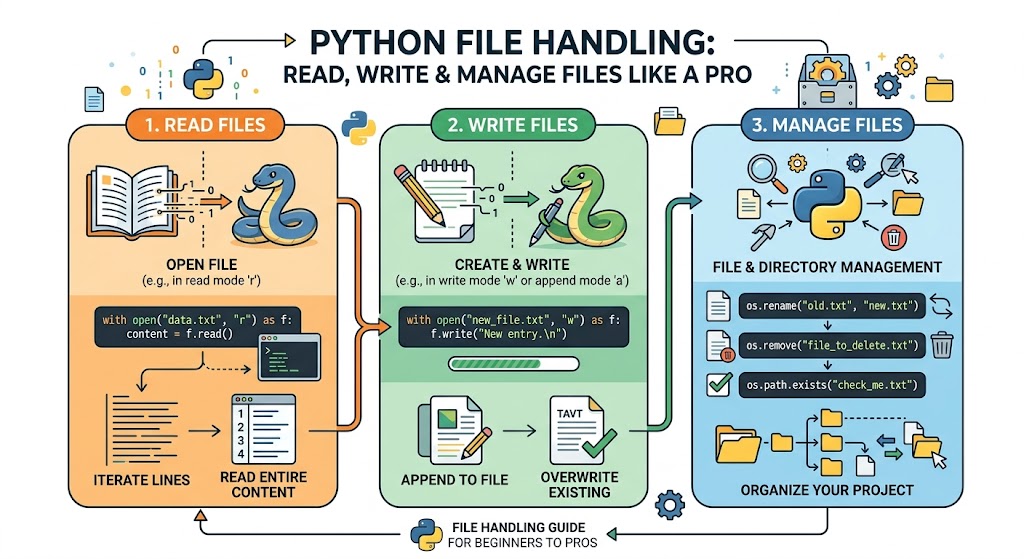 An infographic titled “PYTHON FILE HANDLING: READ, WRITE & MANAGE FILES LIKE A PRO” provides a comprehensive visual guide. The image is divided into three main sections: "1. READ FILES", "2. WRITE FILES", and "3. MANAGE FILES", all featuring illustrative Python snakes and code examples on a white background. Specific instructions cover opening files in read or write mode, iterating through lines, appending data, and renaming or removing files with 'os' module functions. The bottom has a tagline reading "FILE HANDLING GUIDE FOR BEGINNERS TO PROS" with arrows showing the complete python file handling workflow. Colorful icons of books, pencils, gears, and folders represent the different data operations for managing project files efficiently.
