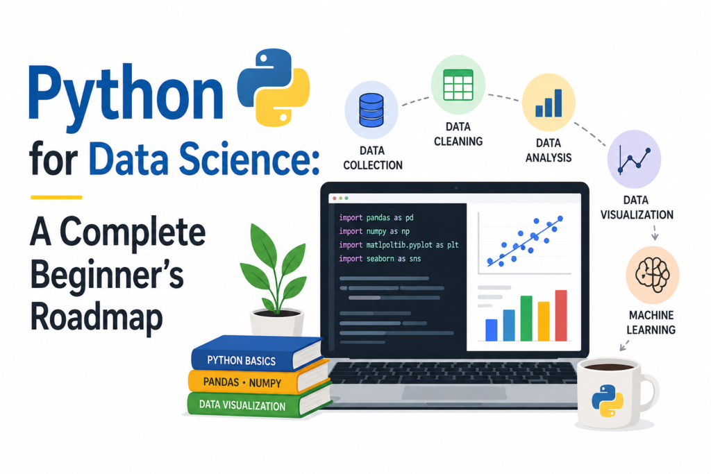 A clean and modern illustration representing Python for Data Science, featuring a laptop displaying code and data visualizations. The design highlights key concepts like data collection, cleaning, analysis, and machine learning. Icons and charts visually explain the workflow of Python for data science in a beginner-friendly way. Books labeled with Python basics, Pandas, NumPy, and data visualization emphasize learning steps. The white background keeps the focus on the roadmap elements and technical theme. Overall, the image clearly communicates a structured learning path for Python for data science beginners.