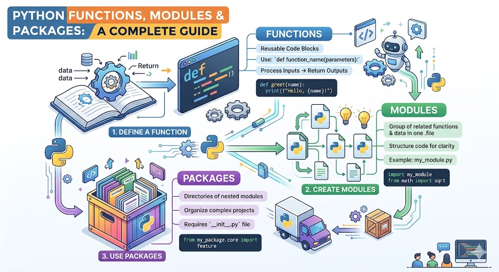 An intricate infographic titled "PYTHON FUNCTIONS, MODULES & PACKAGES: A COMPLETE GUIDE" provides a comprehensive visual and textual explanation. The image is structured in three clear steps against a clean white background, detailing the hierarchical relationship within Python projects. A section titled "1. DEFINE A FUNCTION" includes code snippets for creating reusable logic, while "2. CREATE MODULES" shows how files are combined. Finally, the third part, "3. USE PACKAGES," displays structured directories for large-scale applications. The design effectively utilizes colorful icons, arrows, and distinct code examples to teach foundational concepts like python functions & modules and their organization into packages.