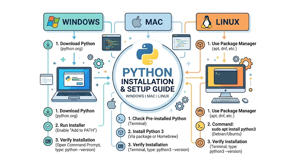 An infographic titled "Python Installation & Setup Guide" featuring a clean white background and organized sections for Windows, Mac, and Linux. Each section includes the respective OS logo and a numbered python installation guide step-by-step process, such as downloading from python.org for Windows or using Homebrew for Mac. Visual elements like laptop icons, terminal windows with code snippets, and colorful progress bars illustrate the setup workflow. The central Python logo anchors the design, connecting the three operating systems with sleek directional arrows. Clear, legible text provides a professional overview of verifying installations and configuring environment paths across different platforms.