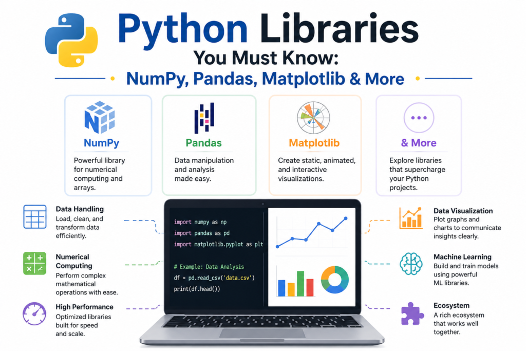 A clean and modern infographic showcasing essential Python libraries for beginners and data professionals. The image highlights popular Python libraries like NumPy, Pandas, and Matplotlib with simple icons and descriptions. A laptop displaying code and charts visually represents how Python libraries are used in real projects. Sections explain key uses such as data handling, visualization, and machine learning. The white background enhances clarity and keeps the focus on the Python libraries and their functions. Overall, the design presents a clear and engaging overview of must-know Python libraries.