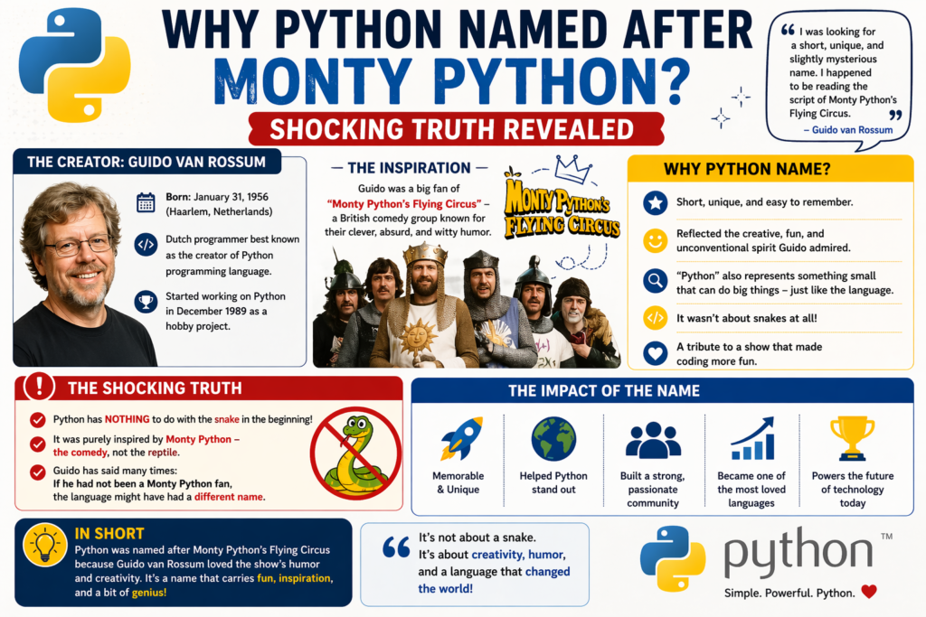 An engaging infographic explaining why python named after monty python with bold visuals and clear sections. The image highlights Guido van Rossum and his inspiration from Monty Python’s Flying Circus. It reveals the surprising truth behind python named after monty python, emphasizing humor and creativity rather than snakes. Visual elements include a timeline, key facts, and icons showing the origin story of the programming language. Sections explain how python named after monty python reflects a fun, memorable, and unique naming choice. The infographic also shows the lasting impact of python named after monty python on branding and popularity.