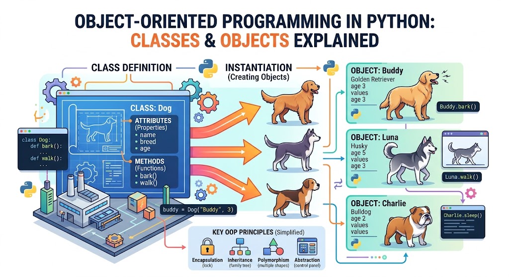 An infographic titled "OBJECT-ORIENTED PROGRAMMING IN PYTHON: CLASSES & OBJECTS EXPLAINED" serves as a visual python oop guide. It shows a central blueprint labeled "CLASS DEFINITION" for a "CLASS: Dog" with attributes like name and breed, and methods such as bark and walk. Multiple arrows labeled "INSTANTIATION (Creating Objects)" point from the class blueprint to three distinct dog illustrations representing objects: Buddy, Luna, and Charlie, each with unique values for their attributes. Snippets of Python code like "buddy = Dog("Buddy", 3)" demonstrate how to create objects and call their methods. Below the objects, a section titled "KEY OOP PRINCIPLES (Simplified)" defines encapsulation, inheritance, polymorphism, and abstraction with small icons.