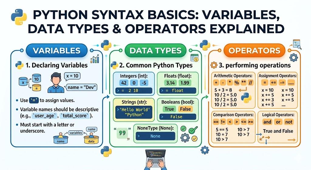 An educational infographic titled “PYTHON SYNTAX BASICS: VARIABLES, DATA TYPES & OPERATORS EXPLAINED” presents a clear overview for beginners on a white background. The image is structured into three main colorful panels covering the core pillars of programming with Python. The first section details how to declare variables and assign values, with illustrative code snippets. A central panel defines essential data types like strings, integers, and booleans with syntax examples. Finally, the third panel provides a reference guide for arithmetic, comparison, assignment, and logical operators. This comprehensive visual summary effectively covers python syntax basics for anyone starting to learn the language.
