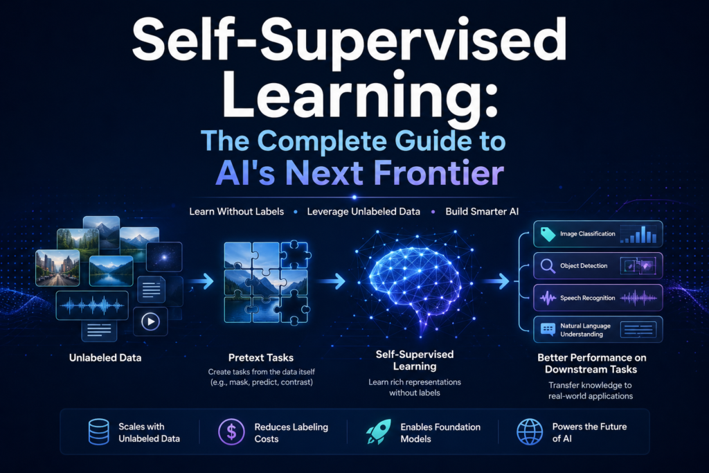 A modern, high-tech visual illustrating self-supervised learning as the future of artificial intelligence. The design highlights how self-supervised learning leverages unlabeled data to train smarter AI systems. A central neural network graphic represents the core of self-supervised learning processes. Flow diagrams show the transition from raw data to meaningful insights without manual labeling. Icons and annotations emphasize real-world applications powered by self-supervised learning. The overall aesthetic conveys innovation, scalability, and the growing impact of self-supervised learning in AI.