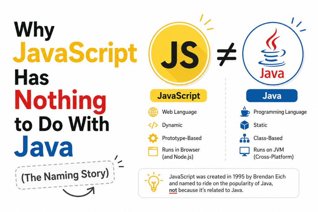 Infographic explaining why JavaScript is not Java using a clear comparison design on a white background. The image highlights the key differences to show why JavaScript is not Java in purpose and structure. A bold “not equal” symbol visually represents why JavaScript is not Java. Icons and labels compare both languages to explain why JavaScript is not Java in simple terms. The design emphasizes different creators and uses, reinforcing why JavaScript is not Java. Perfect visual content for beginners to understand why JavaScript is not Java easily.