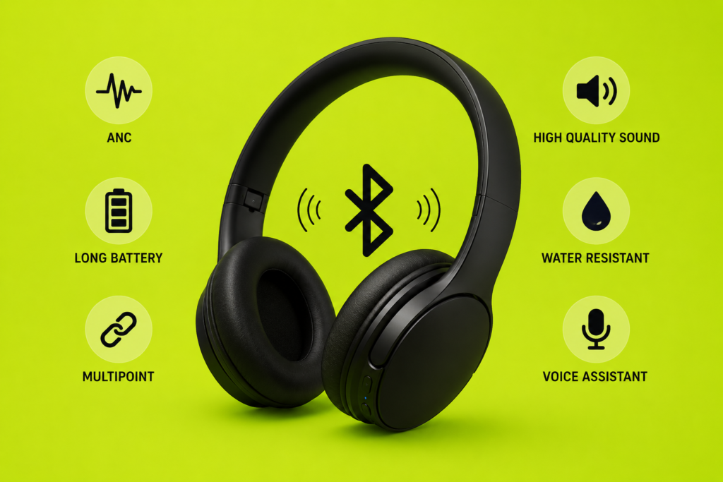 Best bluetooth headphones infographic showing ANC, long battery life, multipoint connection, and premium wireless audio features on lime background