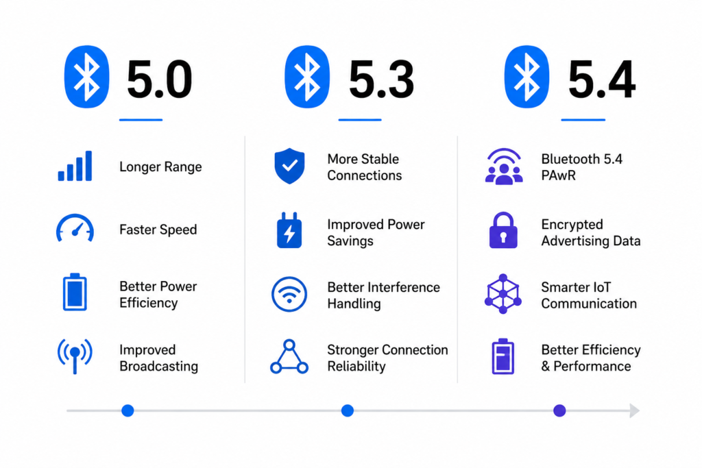 Bluetooth 5.0 vs 5.3 vs 5.4 infographic comparing wireless speed, stability, power savings, and latest Bluetooth features on white background