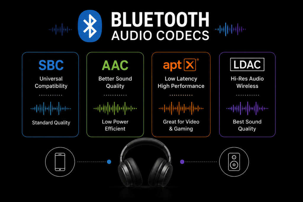 Bluetooth audio codecs comparison infographic showing SBC, AAC, aptX, and LDAC wireless sound technologies on black background