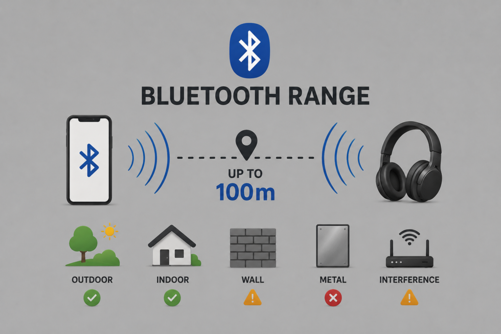 Bluetooth range infographic showing wireless distance, signal strength, indoor and outdoor Bluetooth coverage, and connected devices on grey background