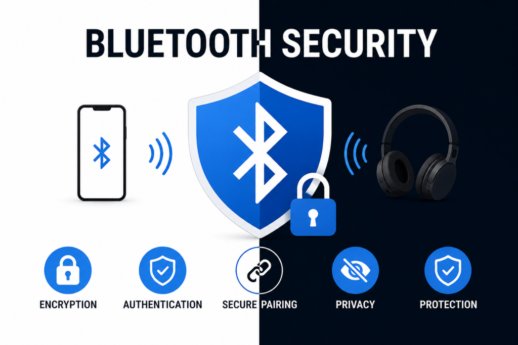 Bluetooth security infographic showing wireless protection, encryption, secure pairing, and cybersecurity features on half white background