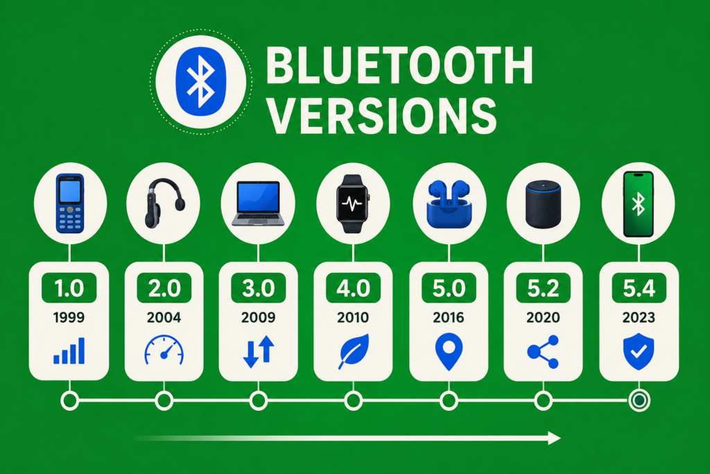 Bluetooth Versions Explained: 1.0 to 5.4 What Changed? Revolutionary Bluetooth versions infographic showing Bluetooth 1.0 to 5.4 evolution timeline with wireless devices on green background