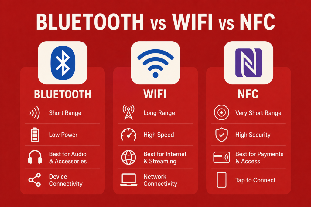 Bluetooth vs wifi vs nfc infographic comparing wireless range, speed, power usage, and connectivity features on red background
