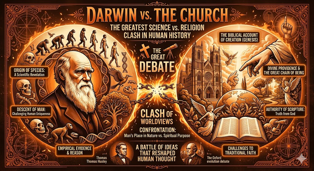 Darwin vs. the Church: The Greatest Science vs. Religion Clash in Human History Brilliantly An intricate, vintage-style infographic poster in a cohesive orange color scheme illustrating the Darwin vs church ideological clash. On the left side, representing science and natural selection, is a portrait of Charles Darwin with human evolution progression, a tree of life, and scientific labels. On the right side, representing religion and creation, is a detailed cathedral, a hand of God, and an open Bible with religious texts. A burst of light and chain symbols separate the two halves, with central text describing 'The Great Debate' and a 'Clash of Worldviews'.