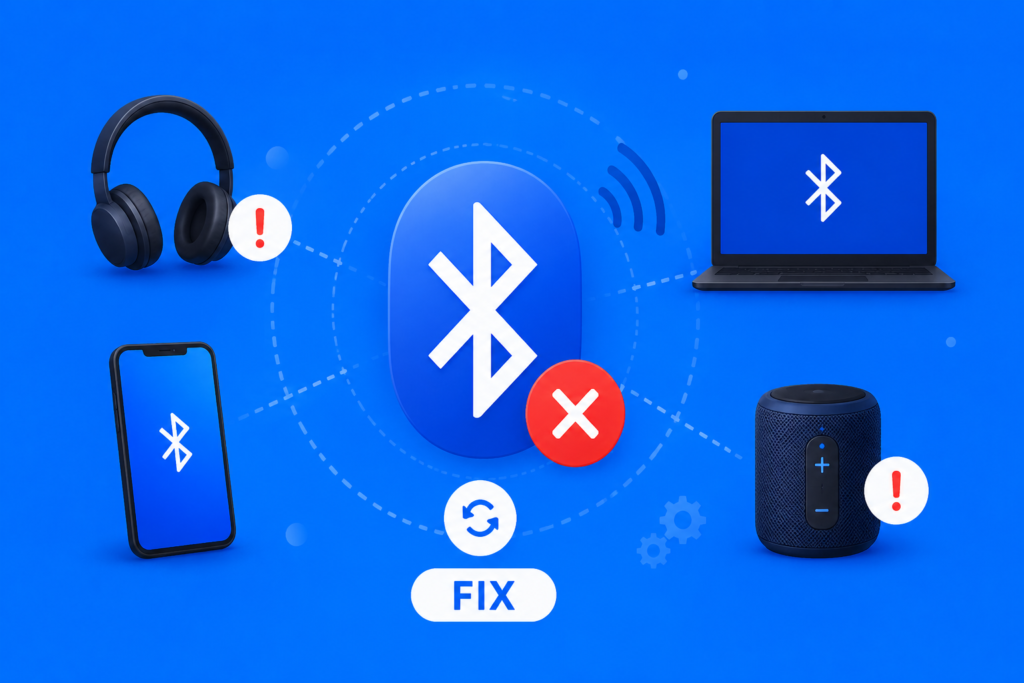 Fix bluetooth problems infographic showing Bluetooth connection issues, pairing errors, wireless troubleshooting, and device repair on blue background