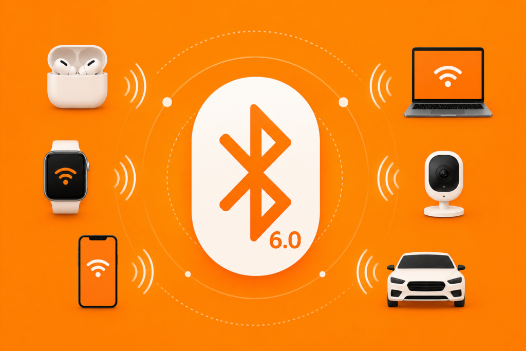 Future of bluetooth infographic showing Bluetooth 6.0, smart devices, wireless connectivity, and next generation Bluetooth technology on orange background