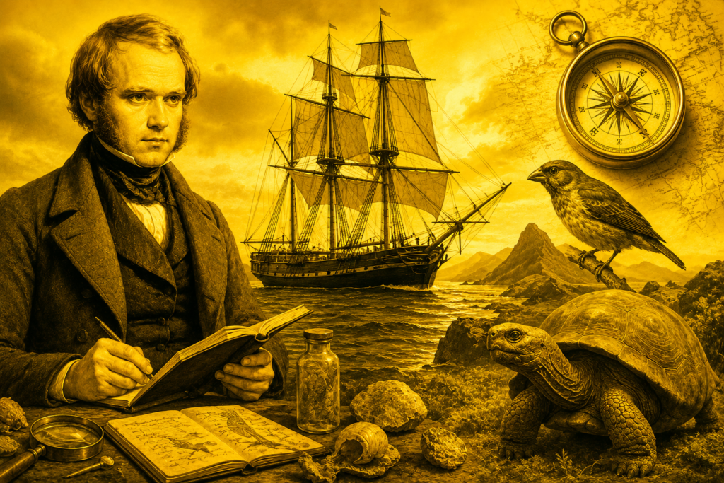 The Voyage of the HMS Beagle: The Five-Year Journey That Changed Science Forever Brilliantly HMS beagle voyage illustration showing young Charles Darwin, sailing ship, Galápagos tortoise, navigation tools, and scientific exploration on a yellow background