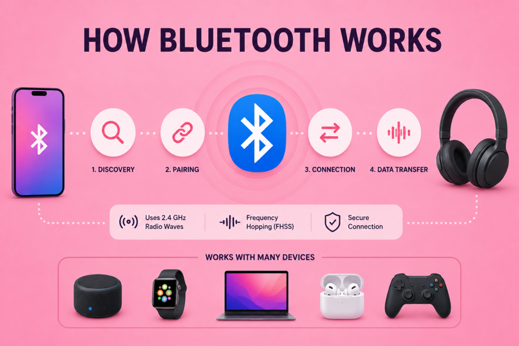 How bluetooth works infographic showing Bluetooth pairing, wireless signal transmission, data transfer, and connected devices on pink background